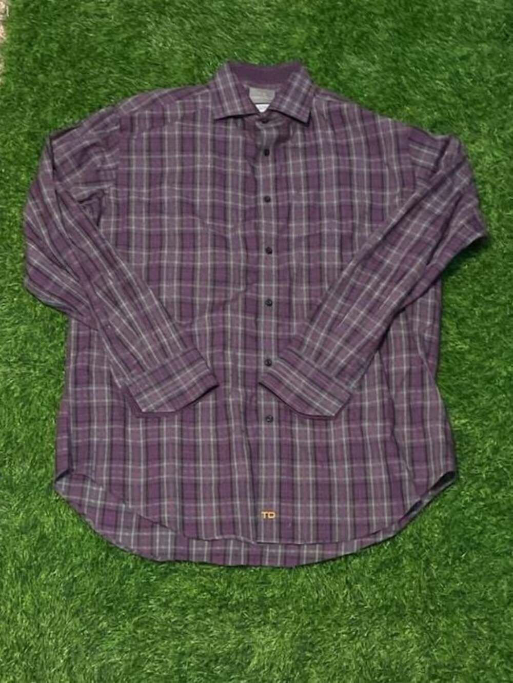 Thomas Dean Mens Large Button Up Long Sleeve Purple Gray Plaid Pima Cotton Shirt